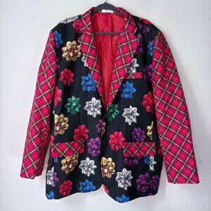 Holiday Time Mens Festive Plaid & Gift Bow Christmas Blazer Jacket Size 2XL